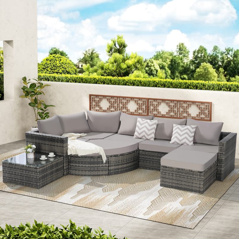 8 Piece Outdoor L Shaped Free Combination Conversation Set, Rattan Patio Sectional Sofa with Curved Ottoman and Coffee Table