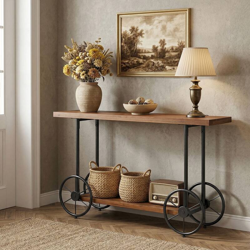 2-tier Solid Wood Console Sofa Table with Storage Shelves