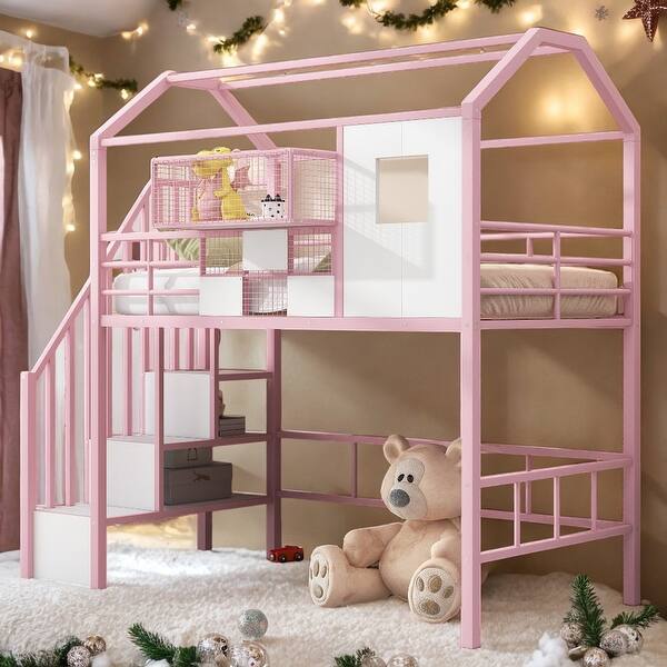 slide 2 of 31, Artsy Metal Loft Bed with roof design and a storage box, Twin, Pink Pink