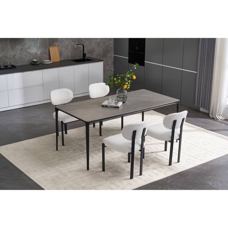 Modern Dining Room Chairs, Mid-Century Upholstered Boucle Kitchen Dining Chairs with Black Metal Legs