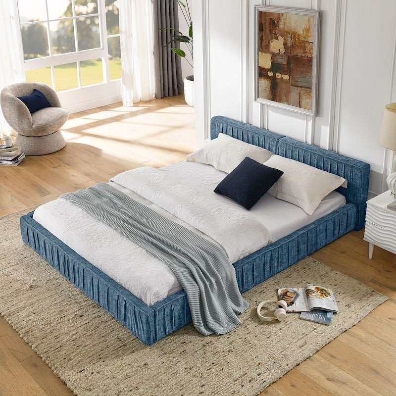 Queen Size Upholstered Bed Frame - Chenille Fabric, Pleated Design, Headboard, No Box Spring Needed - DaekBlue