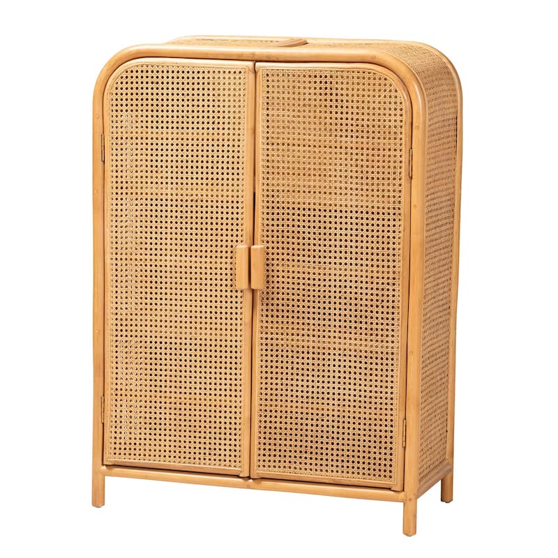 Curacao Modern Bohemian Light Honey Rattan 2-Door Storage Cabinet - Honey Finish - Natural