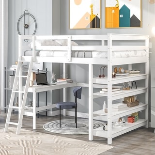 Full Size Pine Wood Loft Bed with Desk and High Guardrails
