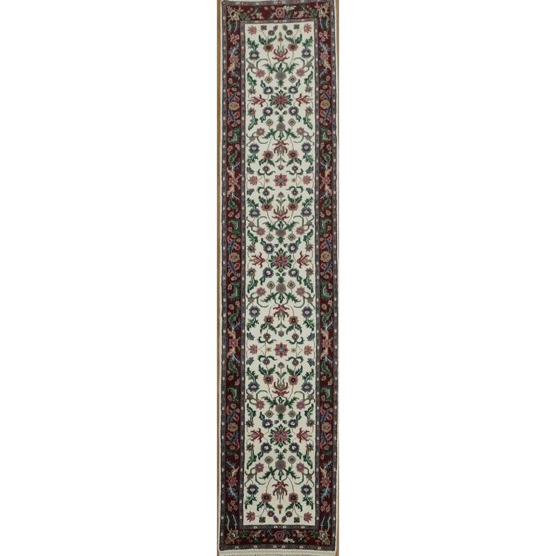 Hand Knotted Oriental 100% Wool Carpet Traditional All-Over Beige & Ivories Kashan Runner Rug - 11' 10'' X 2' 7''