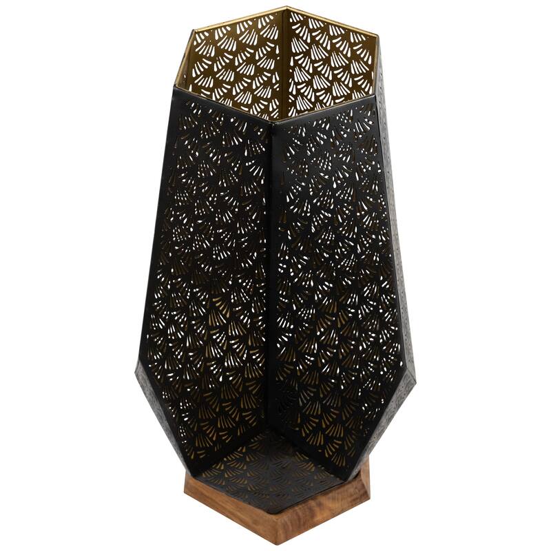 Laser-Cut Leaf Pattern Iron Table Lamp with Wood Base - 16.5" - Black and Gold - 16.5