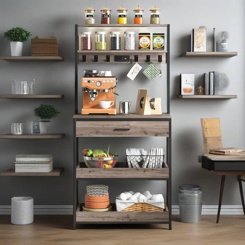 5-Tier Kitchen Bakers Rack with Power Outlets USB Ports, Metal Frame & Particleboard Shelves, Pull-Out Drawer