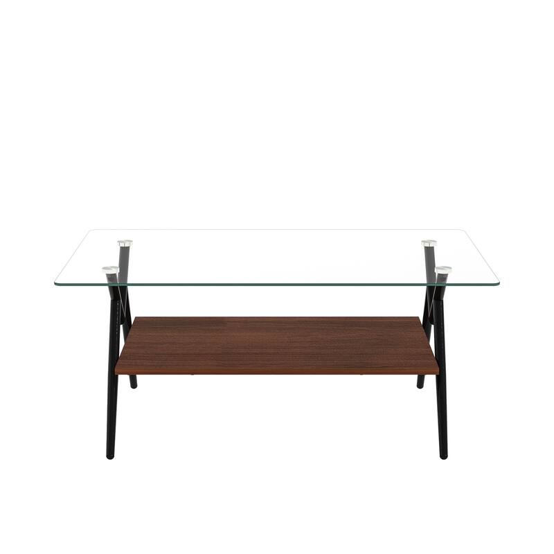 Rectangle Coffee Table with Tempered Glass Top and Shelf