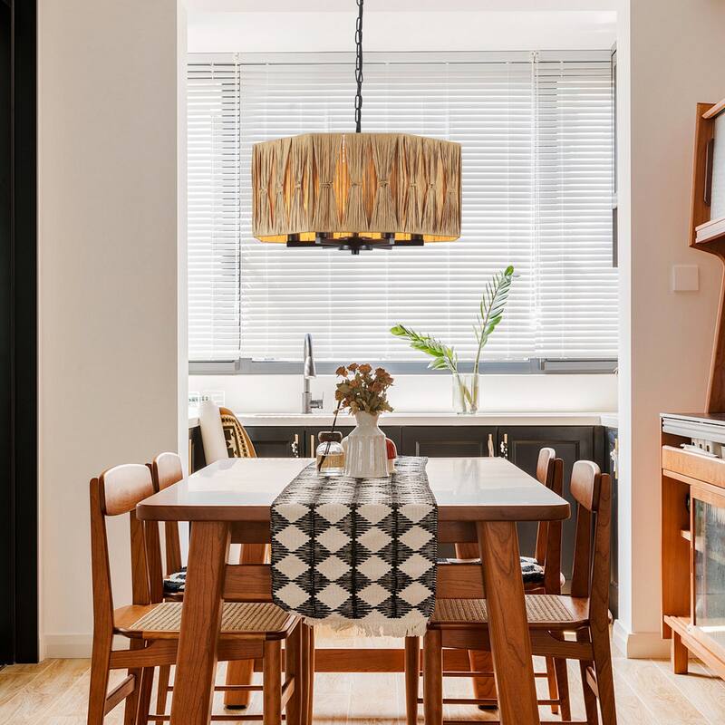 18.89-inch Hawaiian-style 6-light metal chandelier with imitation raffia lampshades and adjustable height