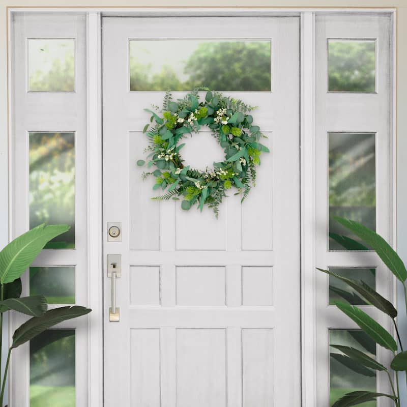 Puleo International 24" Artificial Eucalyptus Floral Spring Door Wreath, Green/White
