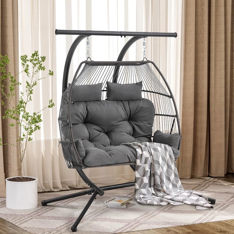 Double Hanging Egg Chair with Adjustable Canopy - Outdoor Swing Chair with Stand, Cushions & Pillows - Wicker Rattan Hammock.