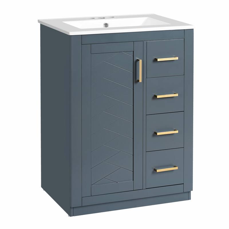 24" Bathroom Vanity with Integrated Ceramic Sink, Cabinet with 1 Door and 3 Drawers