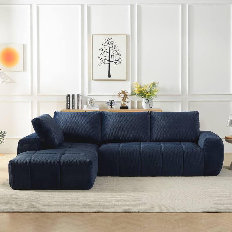 Modern Convertible Compressed Couch L-shaped Sectional Sofa with Chaise, Available Khaki Chenille or Dark Blue Corduroy