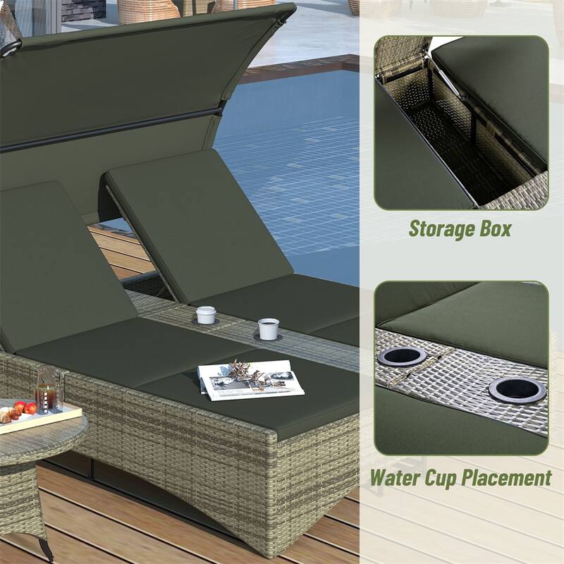 Outdoor Rattan Sun Daybed with Shelter Roof with Adjustable Backrest