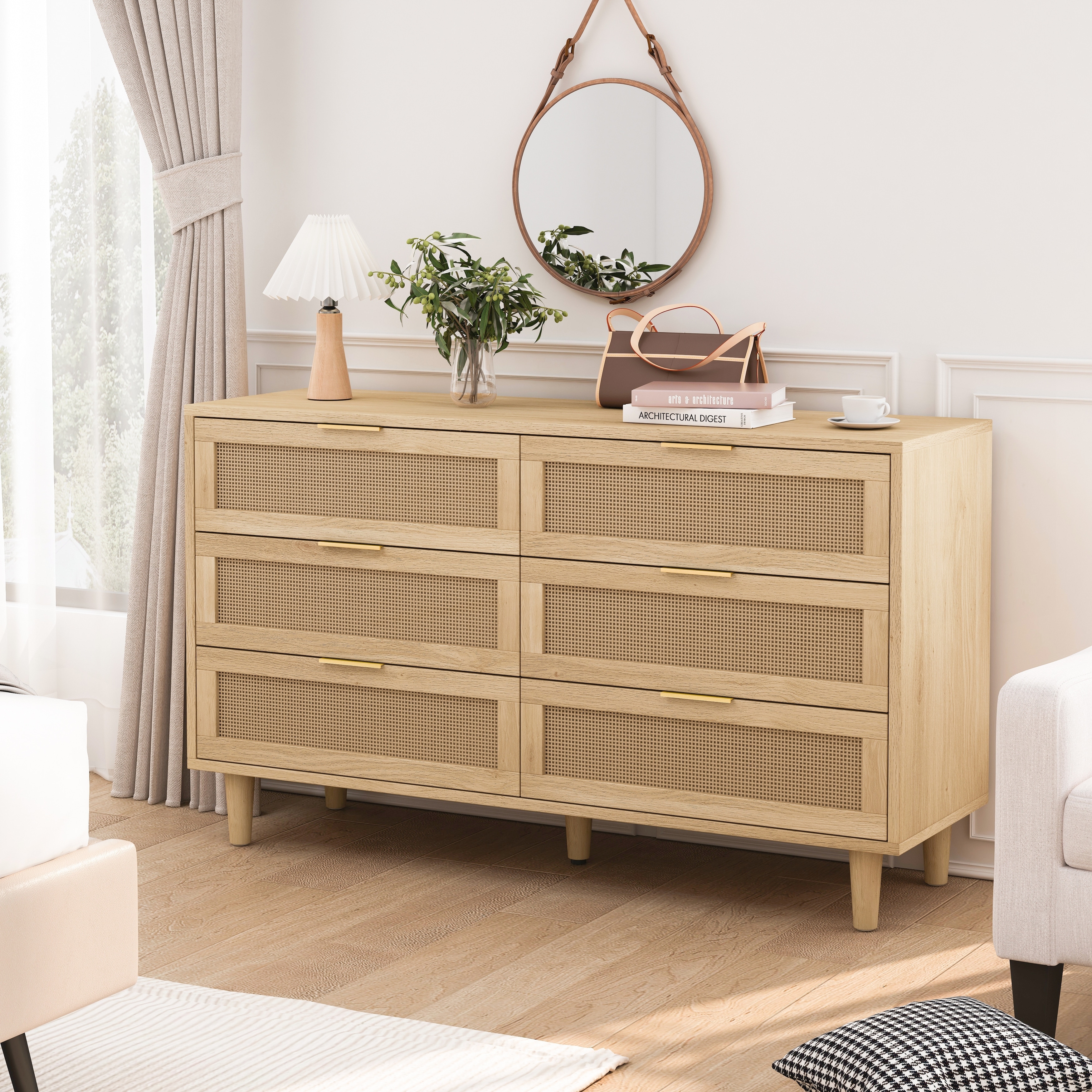 6 Drawers Rattan Storage Cabinet Rattan Drawer with White Drawer Slides,for Bedroom