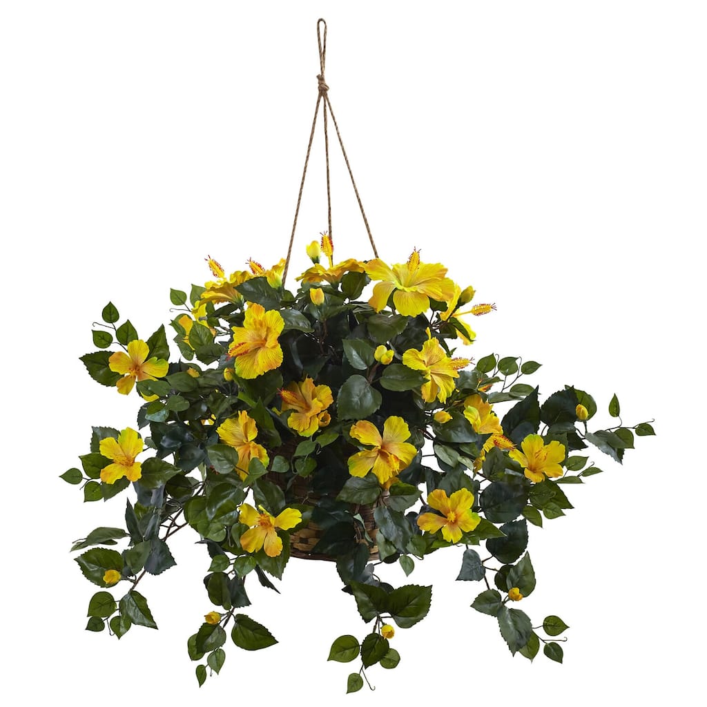 Hibiscus Hanging Basket - Decorative Flower Basket for Home Office Decor - Artificial Hanging Plants