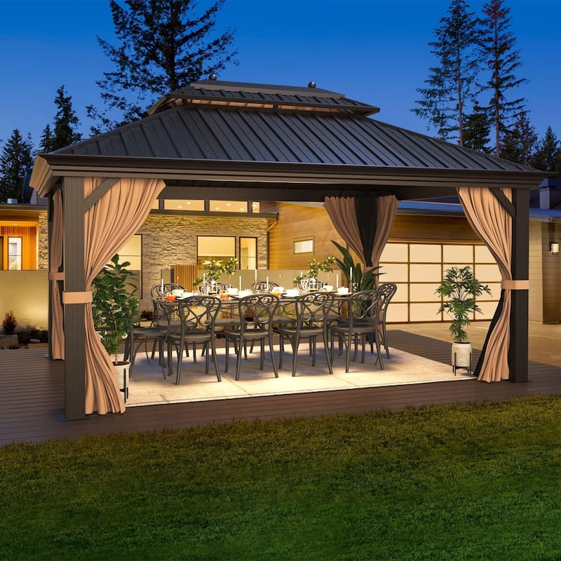 Pro Series Outdoor Hardtop Gazebo Pergola | Galvanized Steel Roof & Aluminum Frame | Includes Premium Curtains & Netting - 12'x16'-Pro - Double Roof