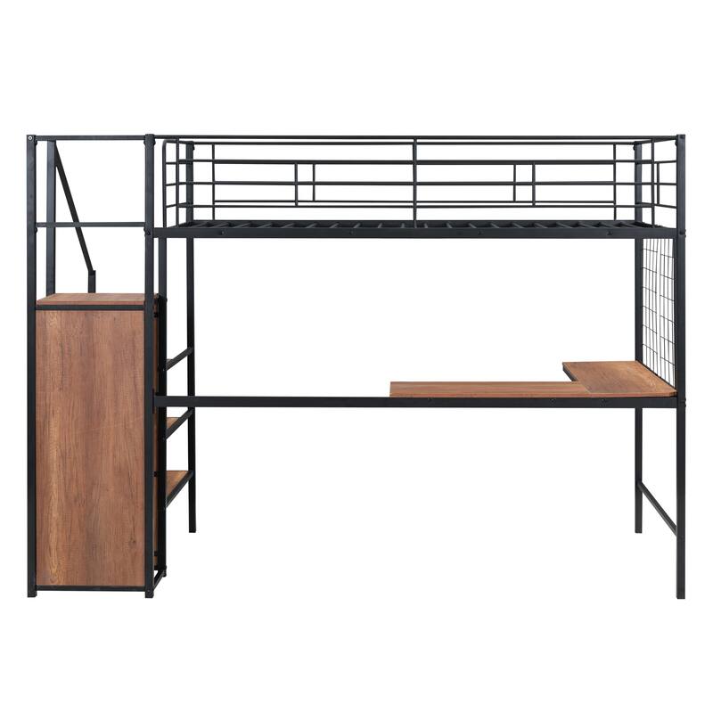 Twin Metal Loft Bed with Desk, Wardrobe, and Storage Ladder, Black