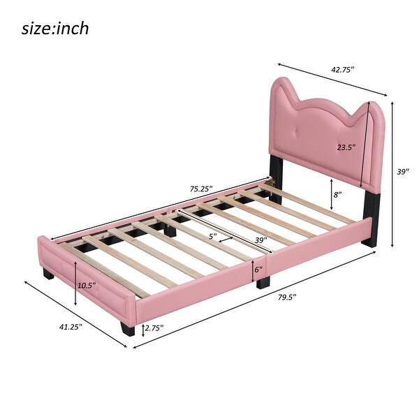dimension image slide 0 of 4, Cute Pine Wood Upholstered Platform Bed, Cartoon Ears Headboard, Sturdy Construction