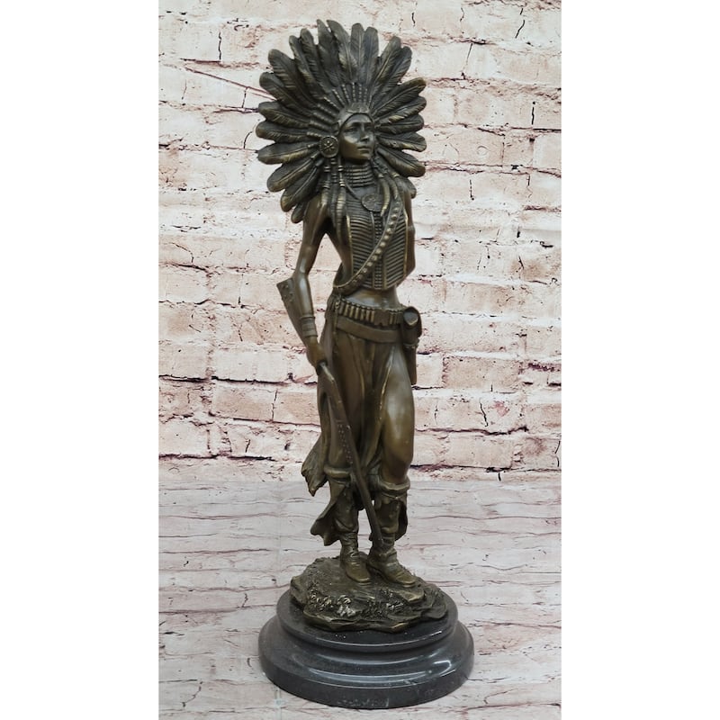 Female Native American Indian Warrior In Feathered Headdress Bronze Statue Sculpture Figure