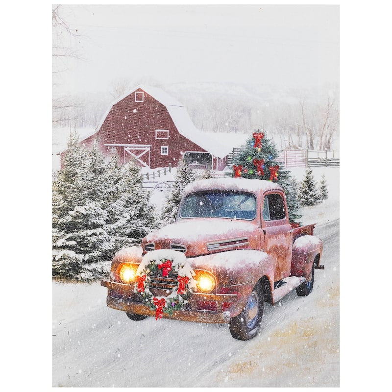 LED Fiber Optic Truck Tree Christmas Canvas Wall Art 15.75"x11.75"