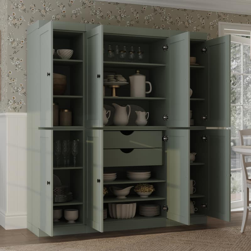 Palace Imports 100% Solid Wood 65" Pantry Cabinet with Shaker Doors, 2-Drawers and Adjustable Shelves - Sage