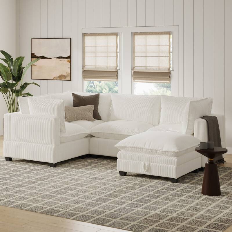 Chelsea Modern Cloud Modular Upholstered Sofa with Deep Seat and Plush Cushions - 4-Seater Sectional + Ottoman - Pearl White