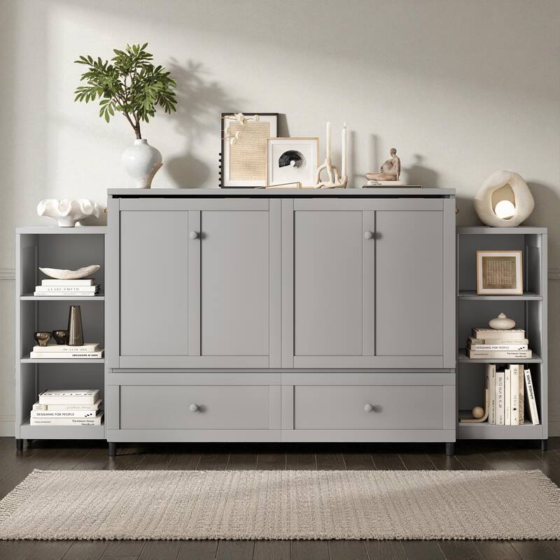 Full/Queen Size Murphy Bed with Storage Drawers and Shelves, Space-Saving Foldable Wall Bed for Guest Room