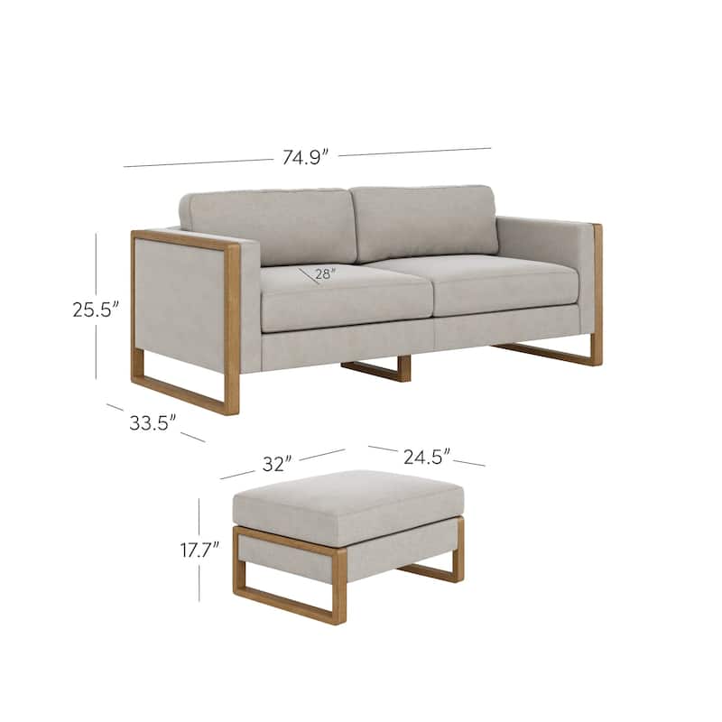 Madison Modern 2-Seater Sofa Set with Storage Ottoman, Upholstered Modular Sofa with Cushion and Solid Wood Legs