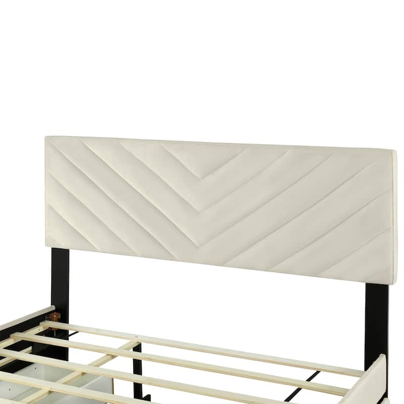 Twill Upholstered Bed with Twin Trundle & Drawers, Queen Size, Beige