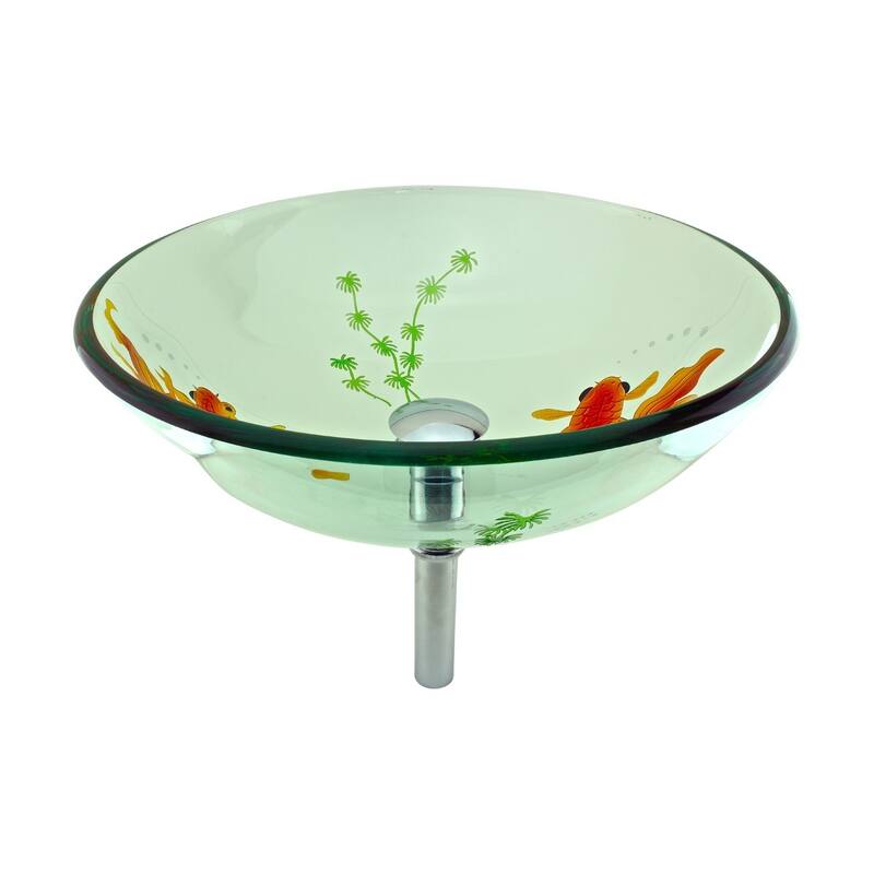 Countertop Vessel Sink 16.5" Round Koi FIsh Design Tempered Glass Bathroom Sink with Chrome Sink Drain Renovators Supply