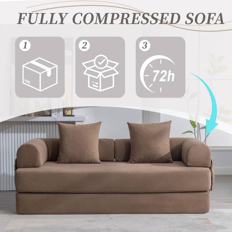 Foldable Modular Couch Sleeper Loveseat Sofa Bed with Storage Side Pocket, Detachable Metal Frame and Corduroy Fabric Cover