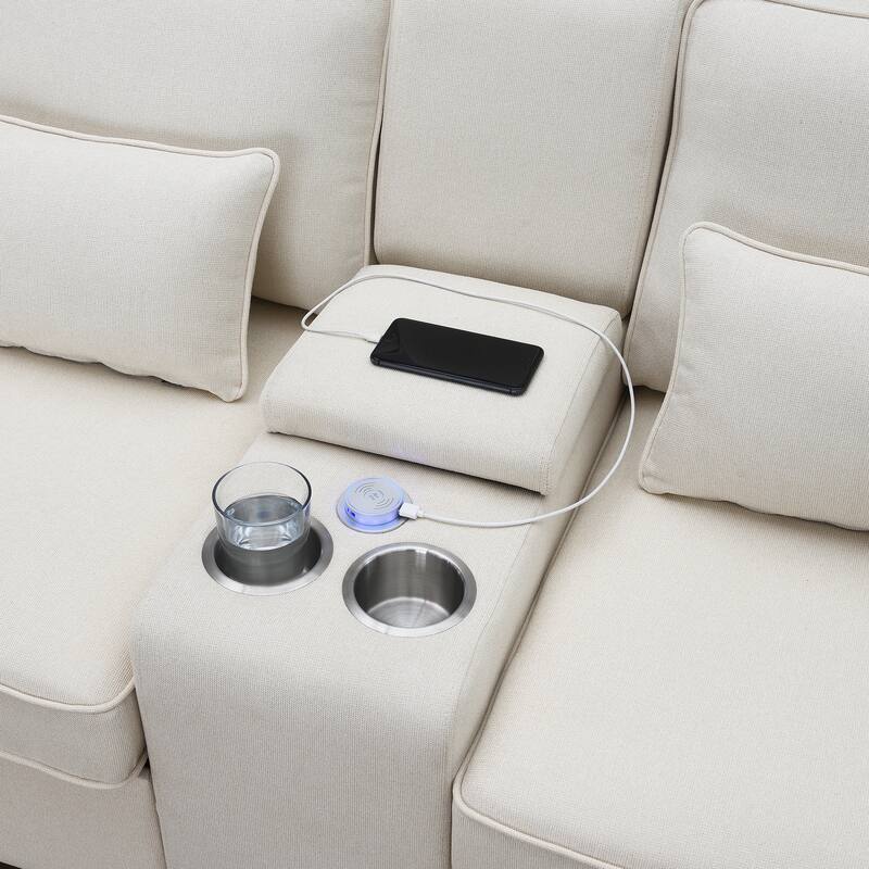 114.2" Linen Fabric Upholstered Sofa with 2 USB Ports and 2 Cupholders