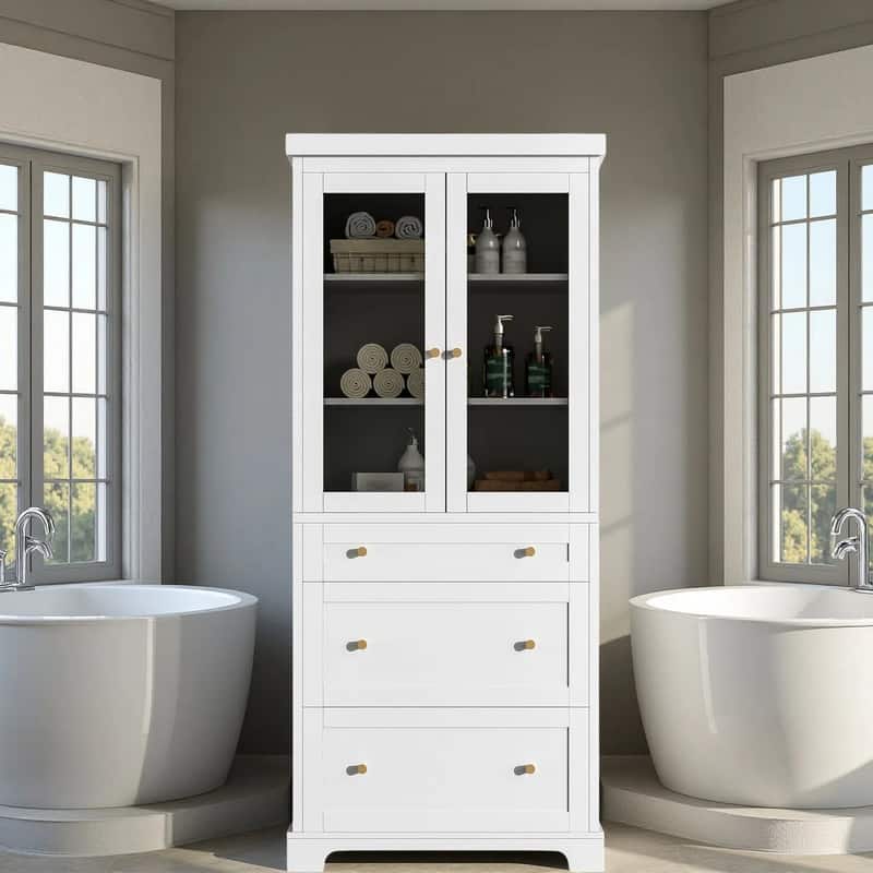 Tall Bathroom Storage Cabinet, Freestanding Cabinet with Glass Doors & Adjustable Shelves, Bathroom Pantry Cabinet with Drawers