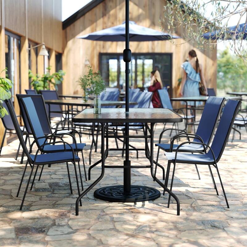 5 Piece Patio Dining Set - Glass Table, 4 Flex Stack Chairs