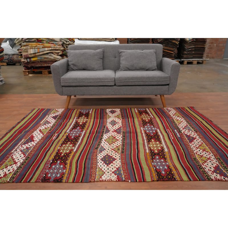 Hand Woven Oriental 100% Wool Carpet Southwestern Tribal Multi-Colored Kilim Area Rug - 7' 4'' X 4' 11''
