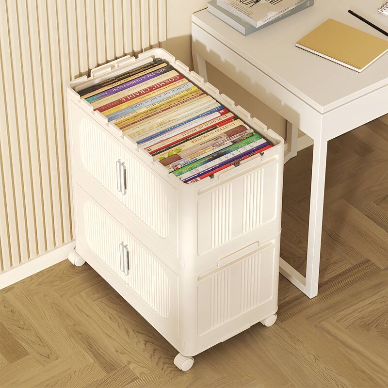 Modern 3-Tiers Folding Plastic Storage Cabinet with Magnetic Door and Bottom Wheels