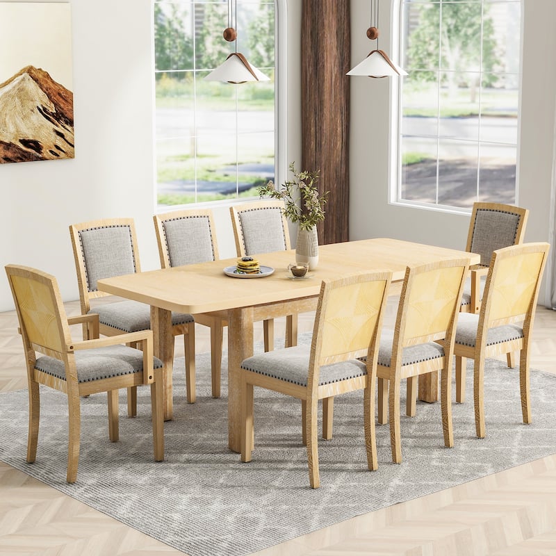 9 Pieces Extendable 84 inch Dining Table Set, 6 Upholstered Armless Dining Chairs and 2 Padded Arm Chairs