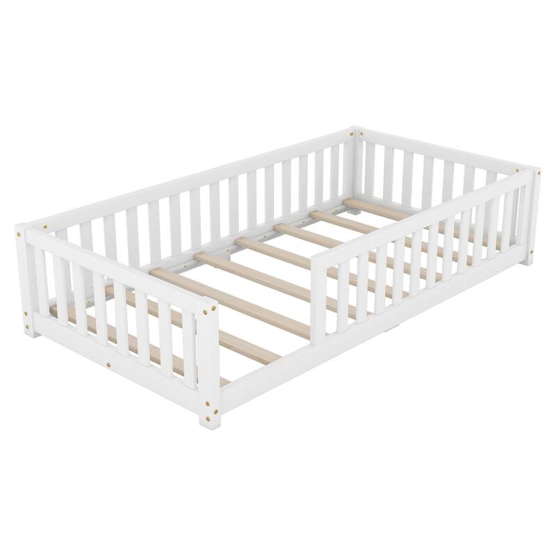 Twin/Full/Queen Size Floor Bed with Safety Guardrails for Kids, Wood Montessori Bedframe w/ Door, Children's Noiseless Beds