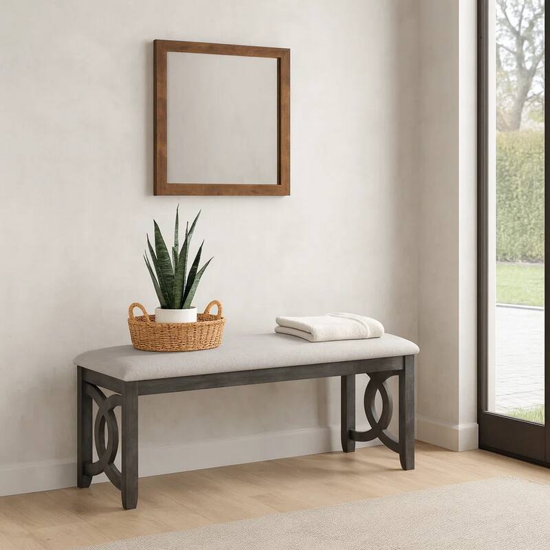 Gary 46 Inch Wood Bench, Fabric Seat, Ebony Brown