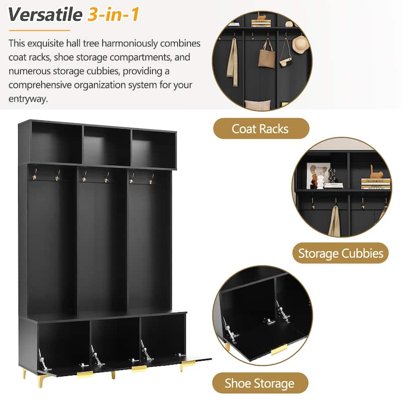 3-in-1 Hall Tree with Storage Bench & Shoe Storage, Glossy Fluted Cabinet Coat Rack with Gold Handles and Legs