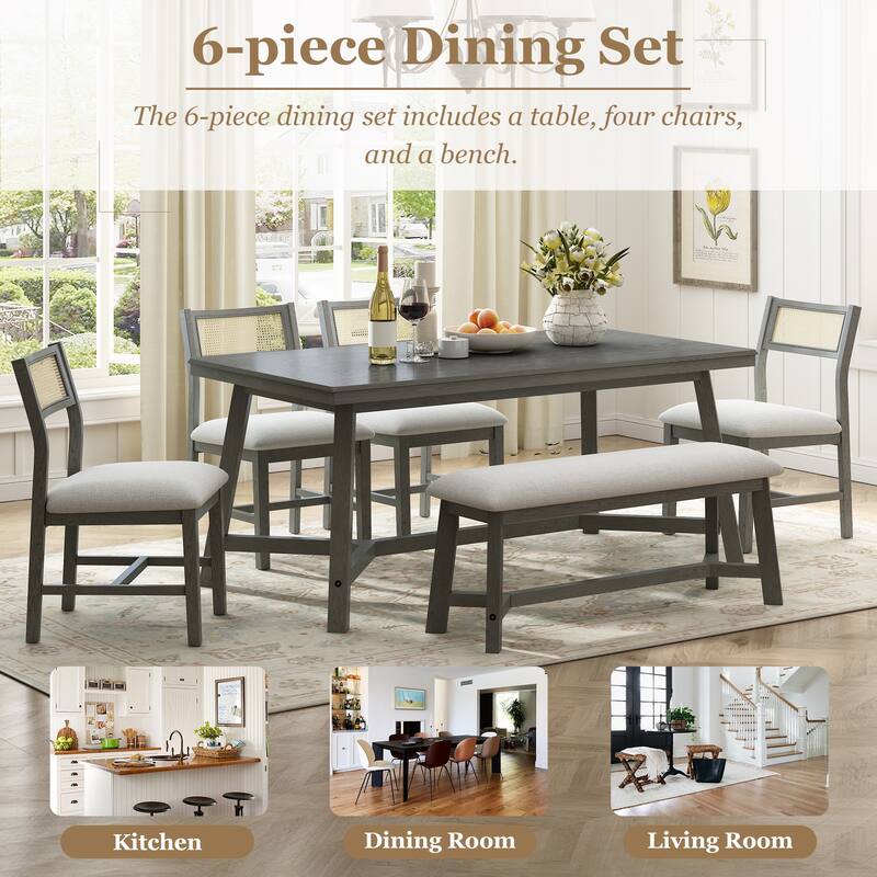 6-piece Retro Farmhouse Style Dining Set, Rectangular Table and 4 Upholstered Chairs with Rattan and Bench