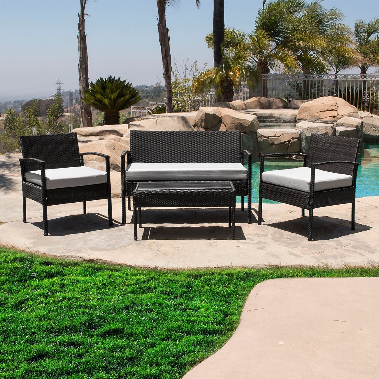 Shop Belleze 4pcs Cushioned Coffee Table Patio Furniture Pe Rattan Sofa Set Overstock 21797339