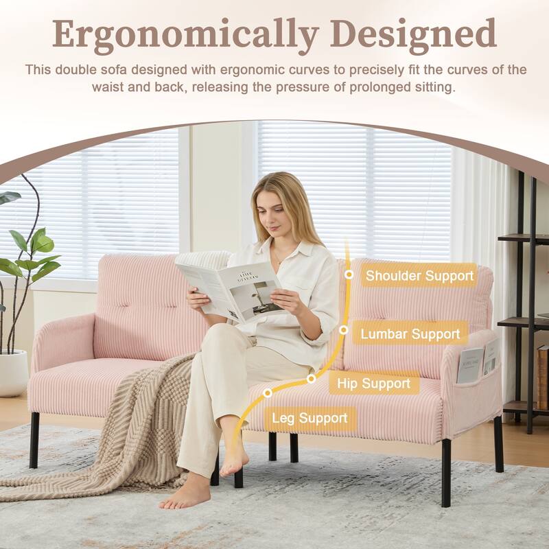 HOMEFUN Corduroy Upholstered Oversized Wood Frame Loveseat Sofa with Metal Legs and Side Pockets