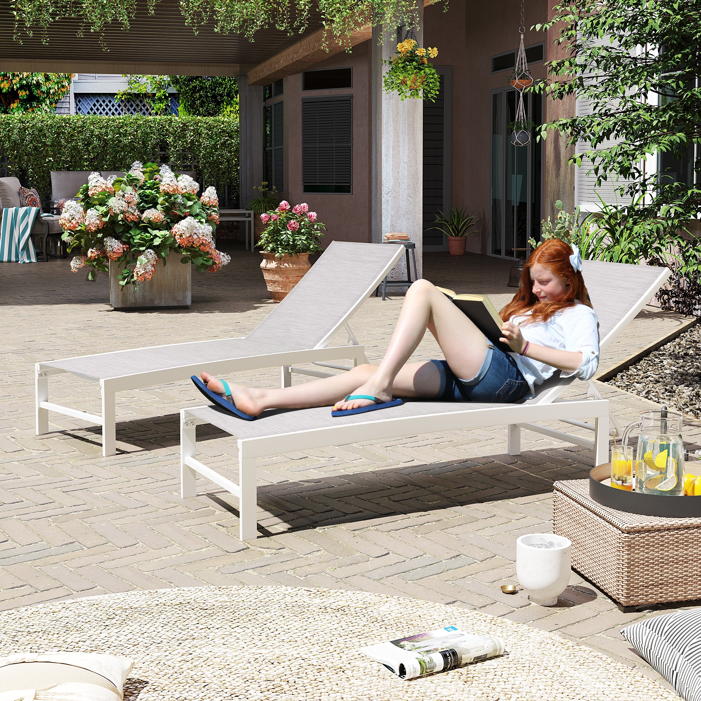 Outdoor Adjustable Aluminum Chaise Lounge Chairs Set of 2 for