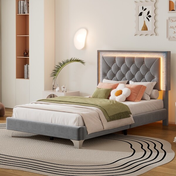 Grey Velvet Upholstered Platform Bed with Built in LED Lights Tufted Headboard Twin Size Panel Bed Frame for Bedroom Grey