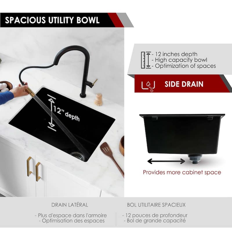 STYLISH 25 inch Single Bowl Dual Mount Composite Granite Utility Sink