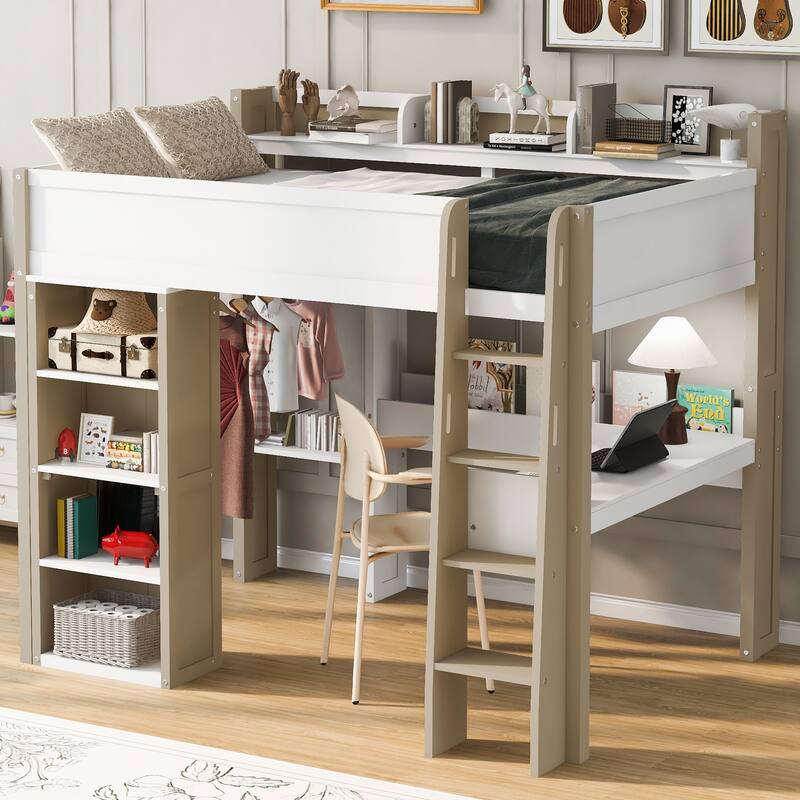 Full Size Wooden Loft Bed Frame with Built-in Storage Shelves, Open Cabinets, Clothes Rails and L-shape Desk
