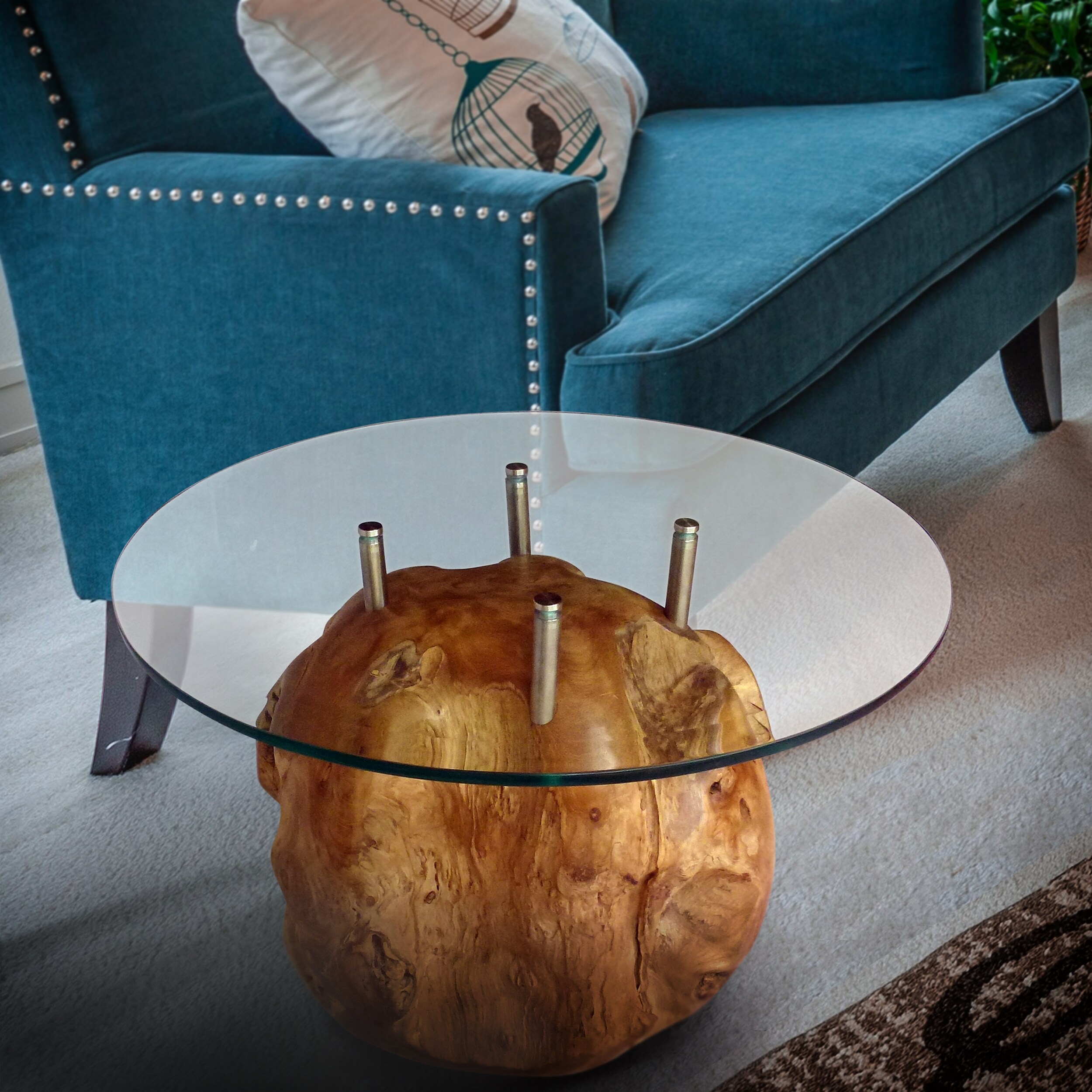 chic teak rustic teak wood root ball table with 24 glass top overstock 31859896