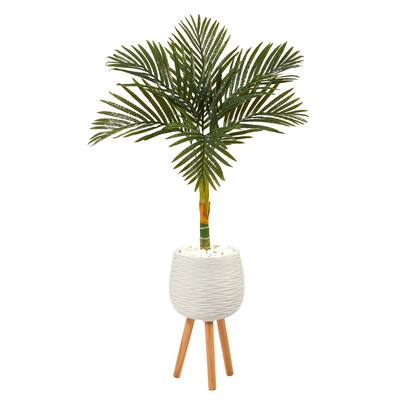 4.5' Golden Cane Artificial Palm Tree in White Planter with Stand - 19"