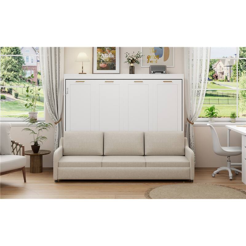 Roomfitters Queen Murphy Cabinet Bed with Folding Sofa, LED Light and Storage, Beige